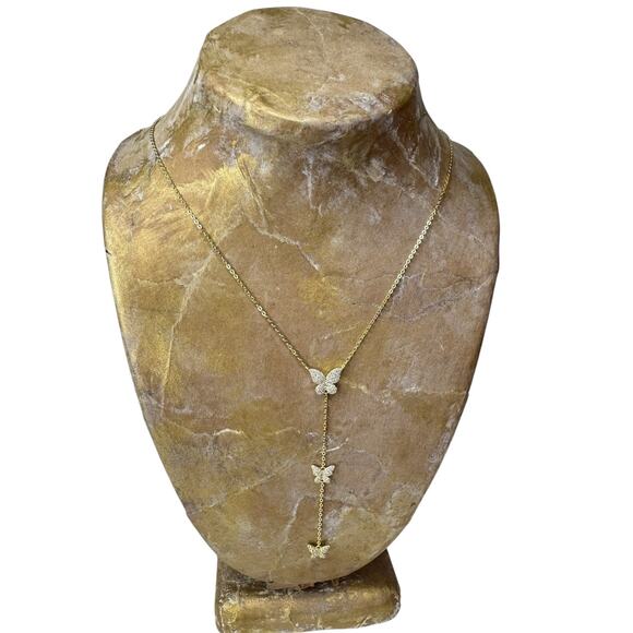 Three Butterfly Lariat Necklace Drop Down Y Statement Necklace - Picture 3 of 4